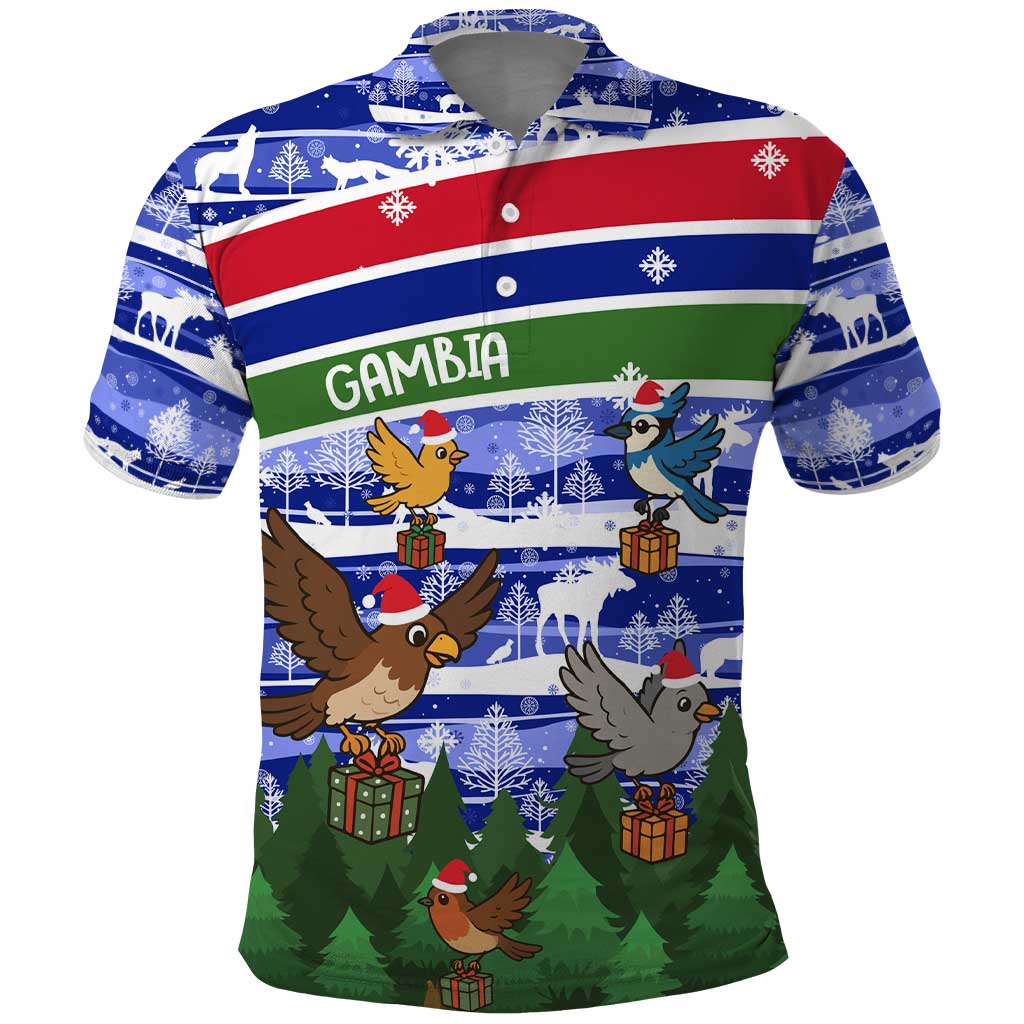 Gambia Christmas Polo Shirt Santa Birds Gift Boxes Forest Scene and Snowflake - African Pride