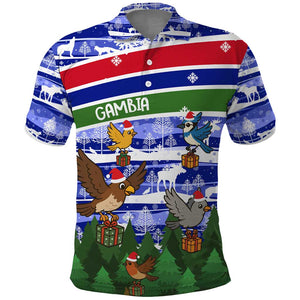 Gambia Christmas Polo Shirt Santa Birds Gift Boxes Forest Scene and Snowflake - African Pride
