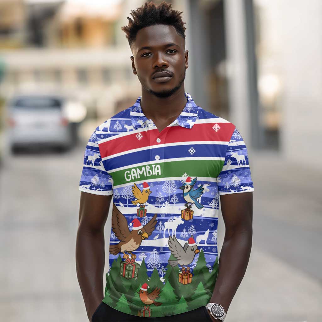 Gambia Christmas Polo Shirt Santa Birds Gift Boxes Forest Scene and Snowflake - African Pride