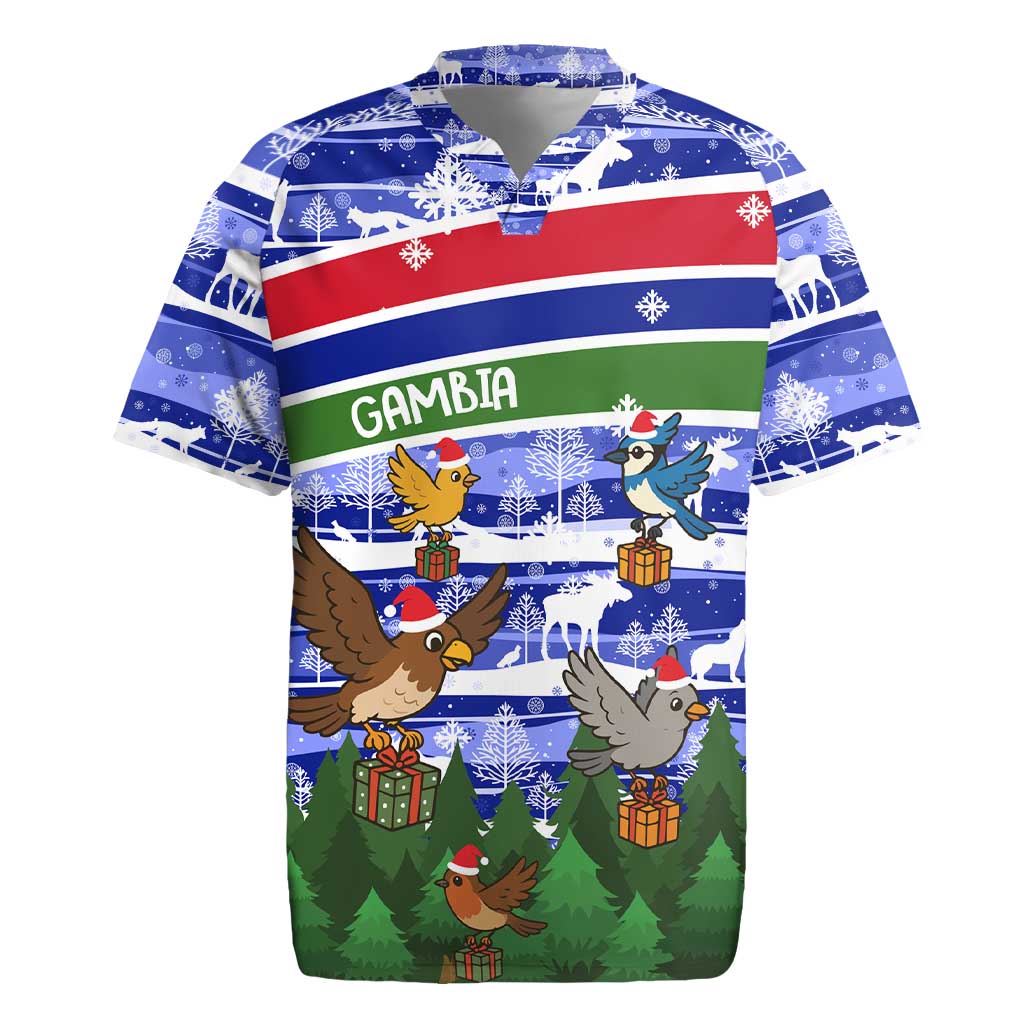 Gambia Christmas Rugby Jersey Santa Birds Gift Boxes Forest Scene and Snowflake - African Pride