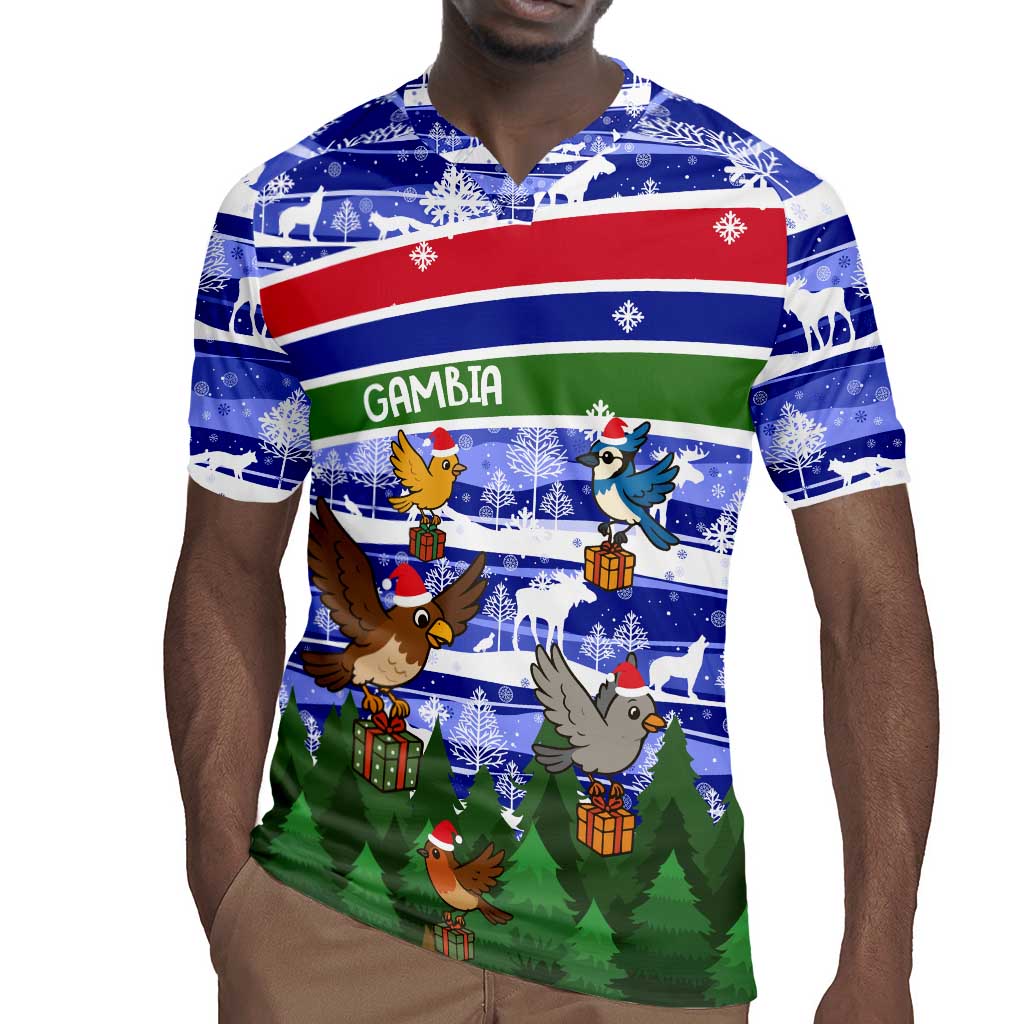 Gambia Christmas Rugby Jersey Santa Birds Gift Boxes Forest Scene and Snowflake - African Pride