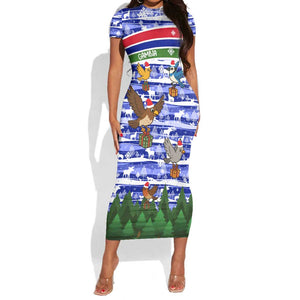 Gambia Christmas Short Sleeve Bodycon Dress Santa Birds Gift Boxes Forest Scene and Snowflake - African Pride