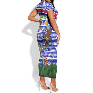 Gambia Christmas Short Sleeve Bodycon Dress Santa Birds Gift Boxes Forest Scene and Snowflake - African Pride