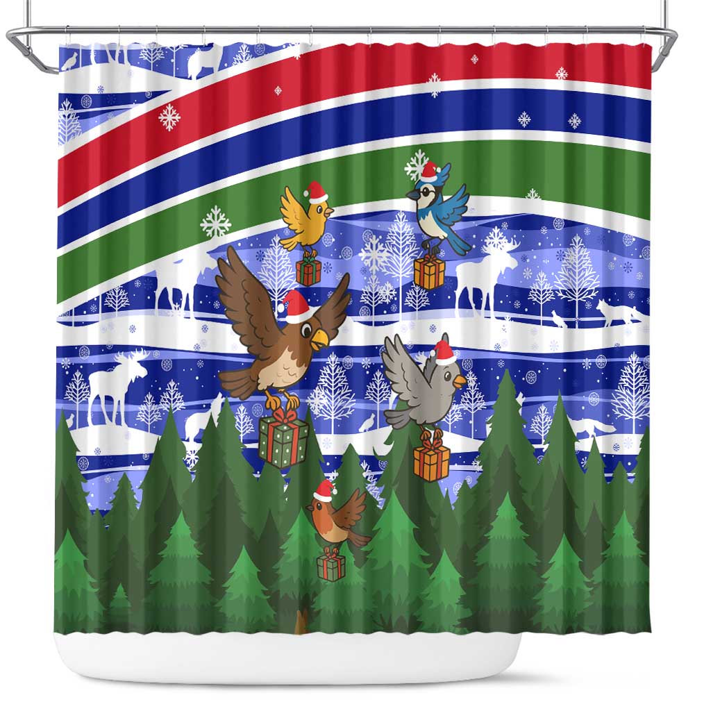 Gambia Christmas Shower Curtain Santa Birds Gift Boxes Forest Scene and Snowflake - African Pride