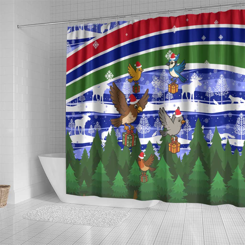 Gambia Christmas Shower Curtain Santa Birds Gift Boxes Forest Scene and Snowflake - African Pride