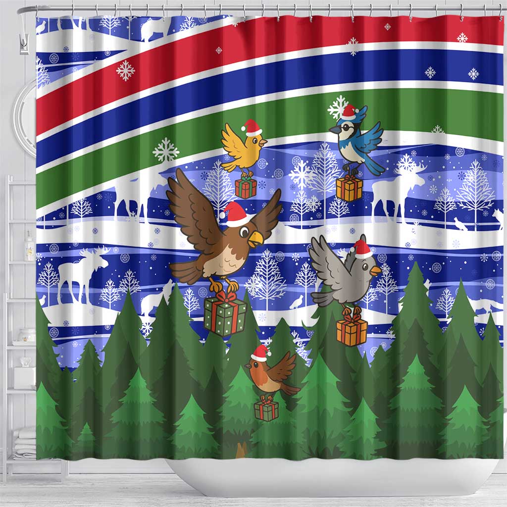 Gambia Christmas Shower Curtain Santa Birds Gift Boxes Forest Scene and Snowflake - African Pride