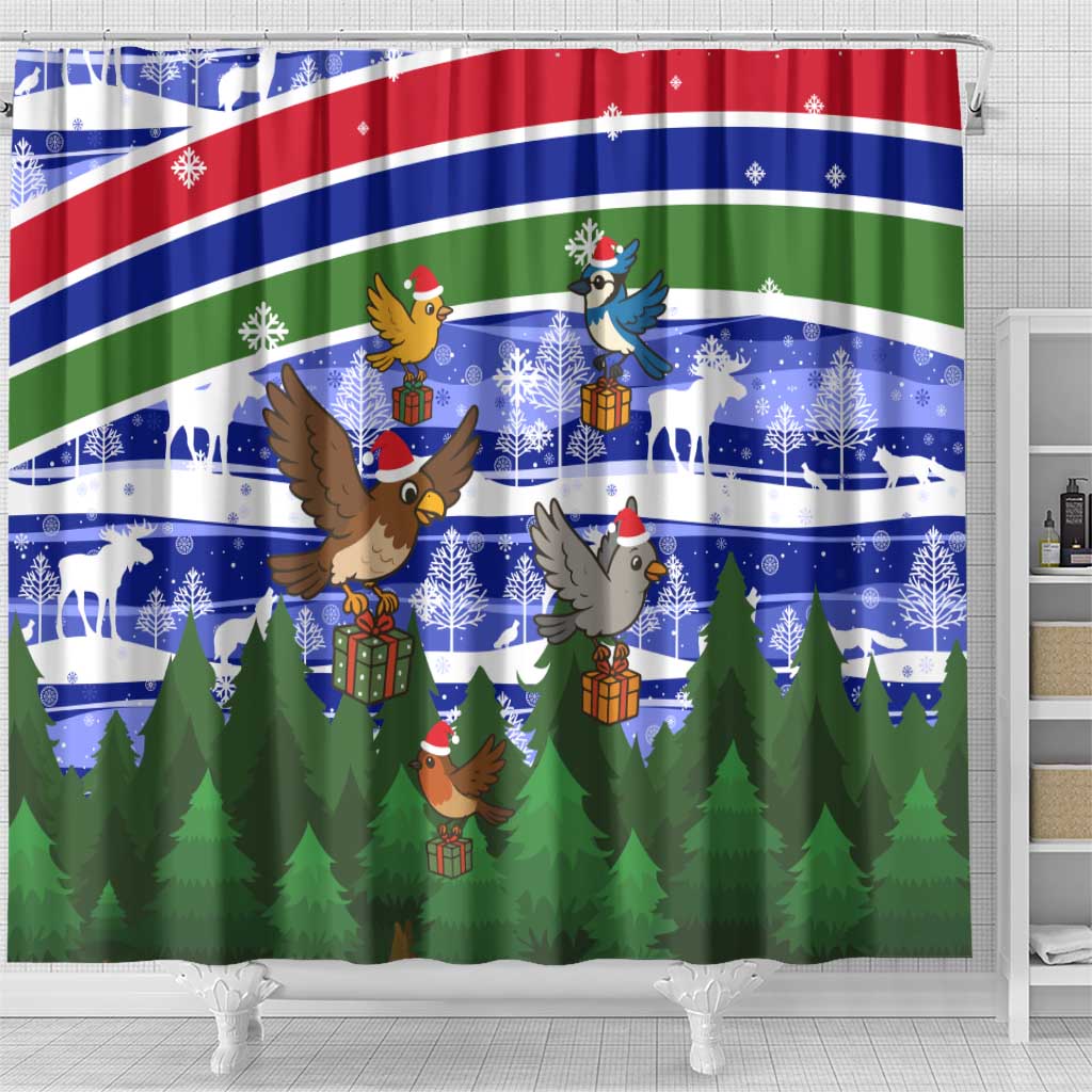Gambia Christmas Shower Curtain Santa Birds Gift Boxes Forest Scene and Snowflake - African Pride