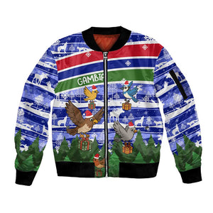 Gambia Christmas Sleeve Zip Bomber Jacket Santa Birds Gift Boxes Forest Scene and Snowflake - African Pride