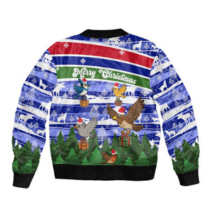 Gambia Christmas Sleeve Zip Bomber Jacket Santa Birds Gift Boxes Forest Scene and Snowflake - African Pride