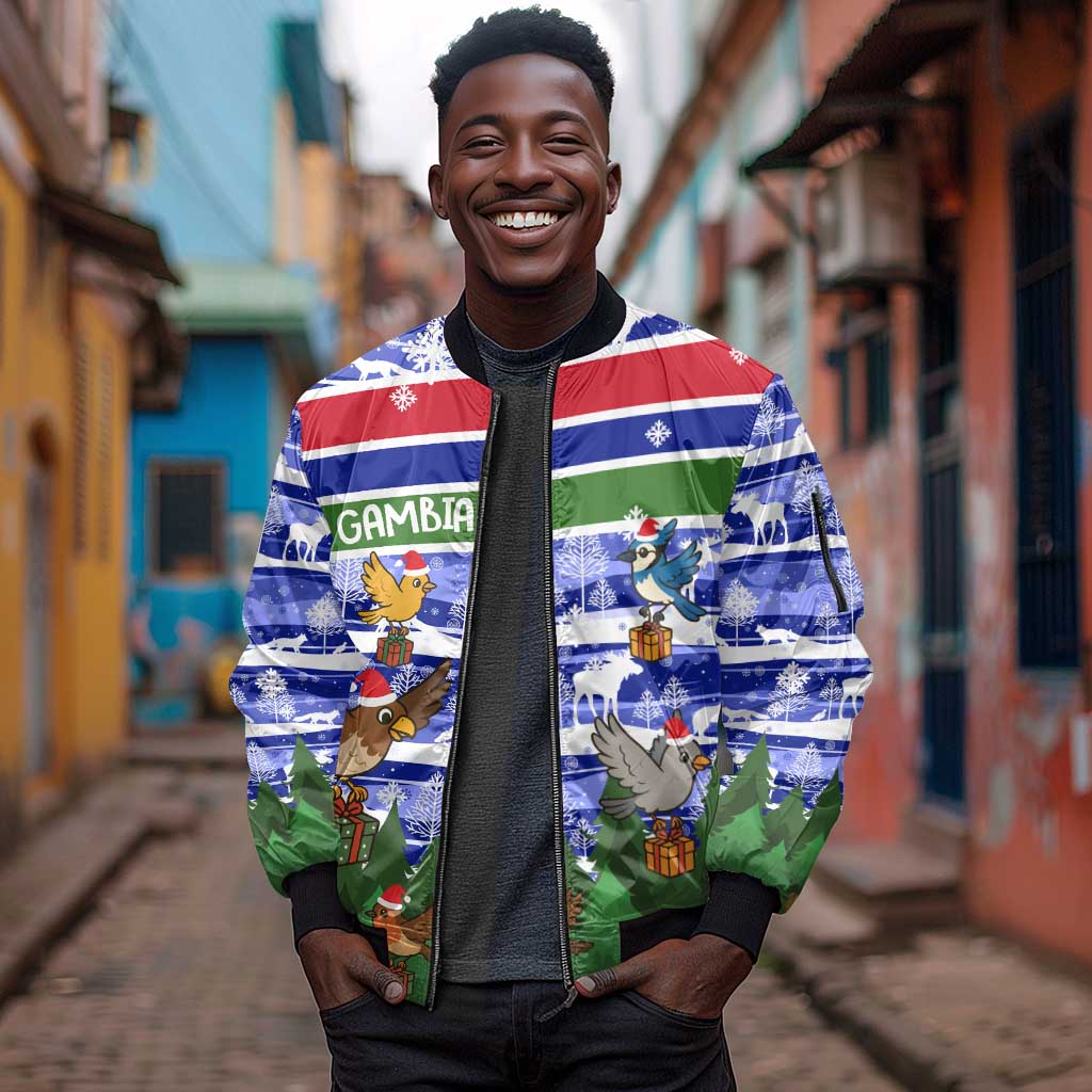 Gambia Christmas Sleeve Zip Bomber Jacket Santa Birds Gift Boxes Forest Scene and Snowflake - African Pride