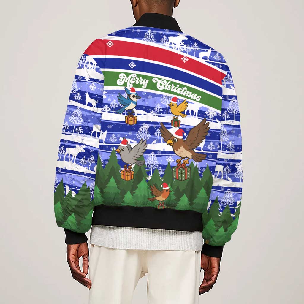 Gambia Christmas Sleeve Zip Bomber Jacket Santa Birds Gift Boxes Forest Scene and Snowflake - African Pride
