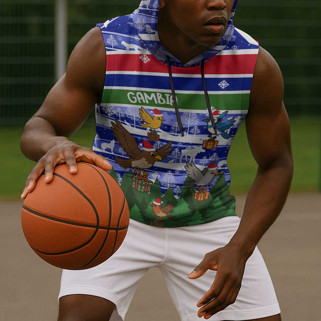 Gambia Christmas Sleeveless Hoodie Santa Birds Gift Boxes Forest Scene and Snowflake - African Pride