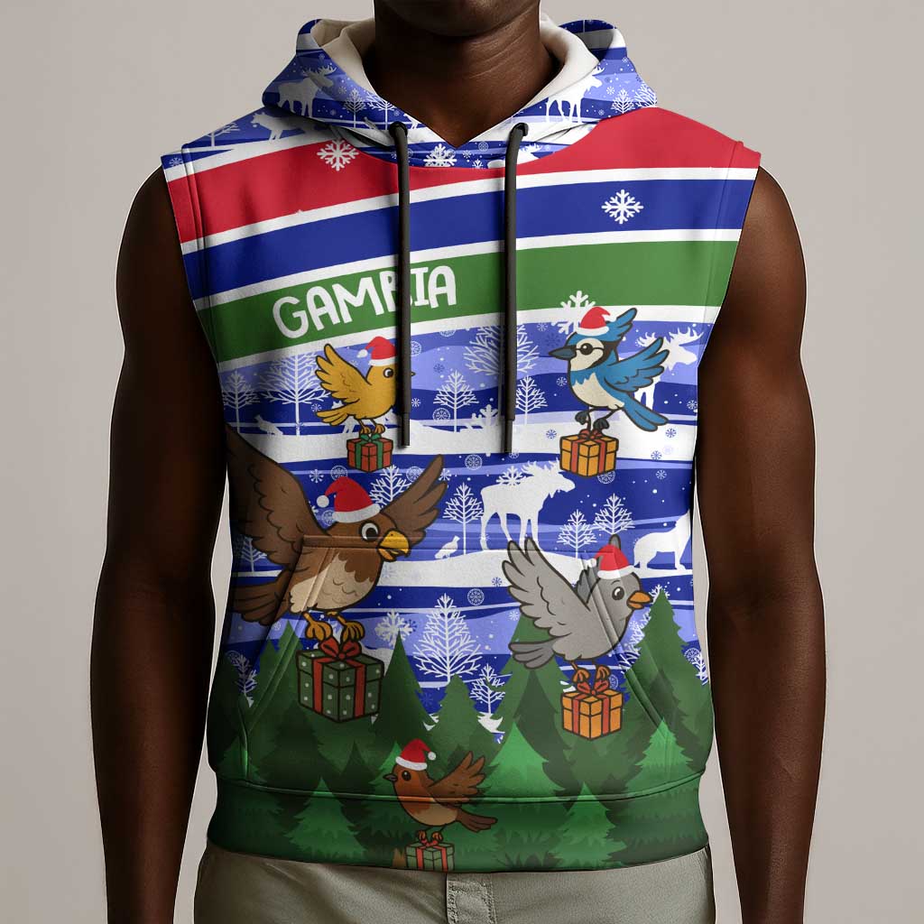 Gambia Christmas Sleeveless Hoodie Santa Birds Gift Boxes Forest Scene and Snowflake - African Pride