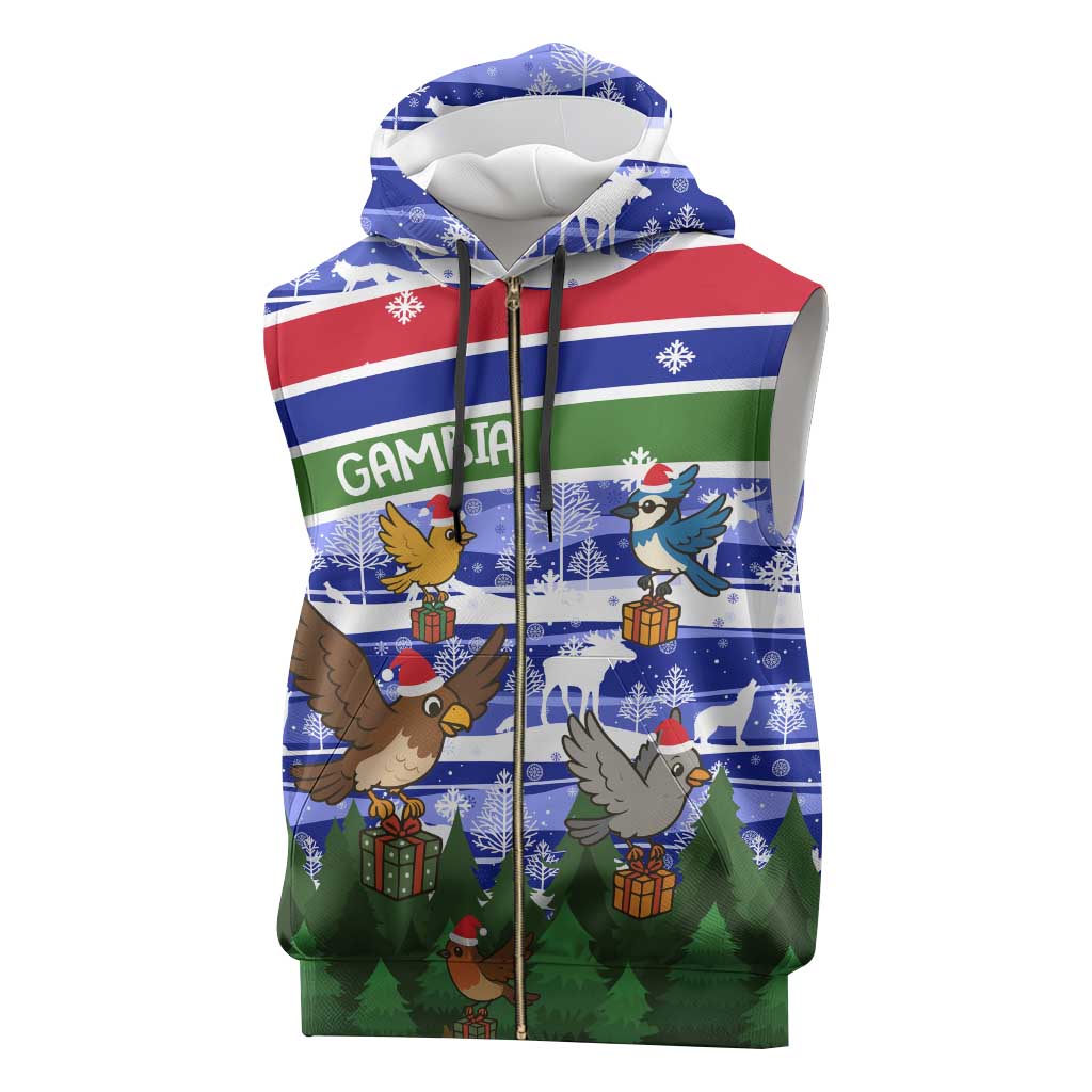 Gambia Christmas Sleeveless Zip Hoodie Santa Birds Gift Boxes Forest Scene and Snowflake - African Pride