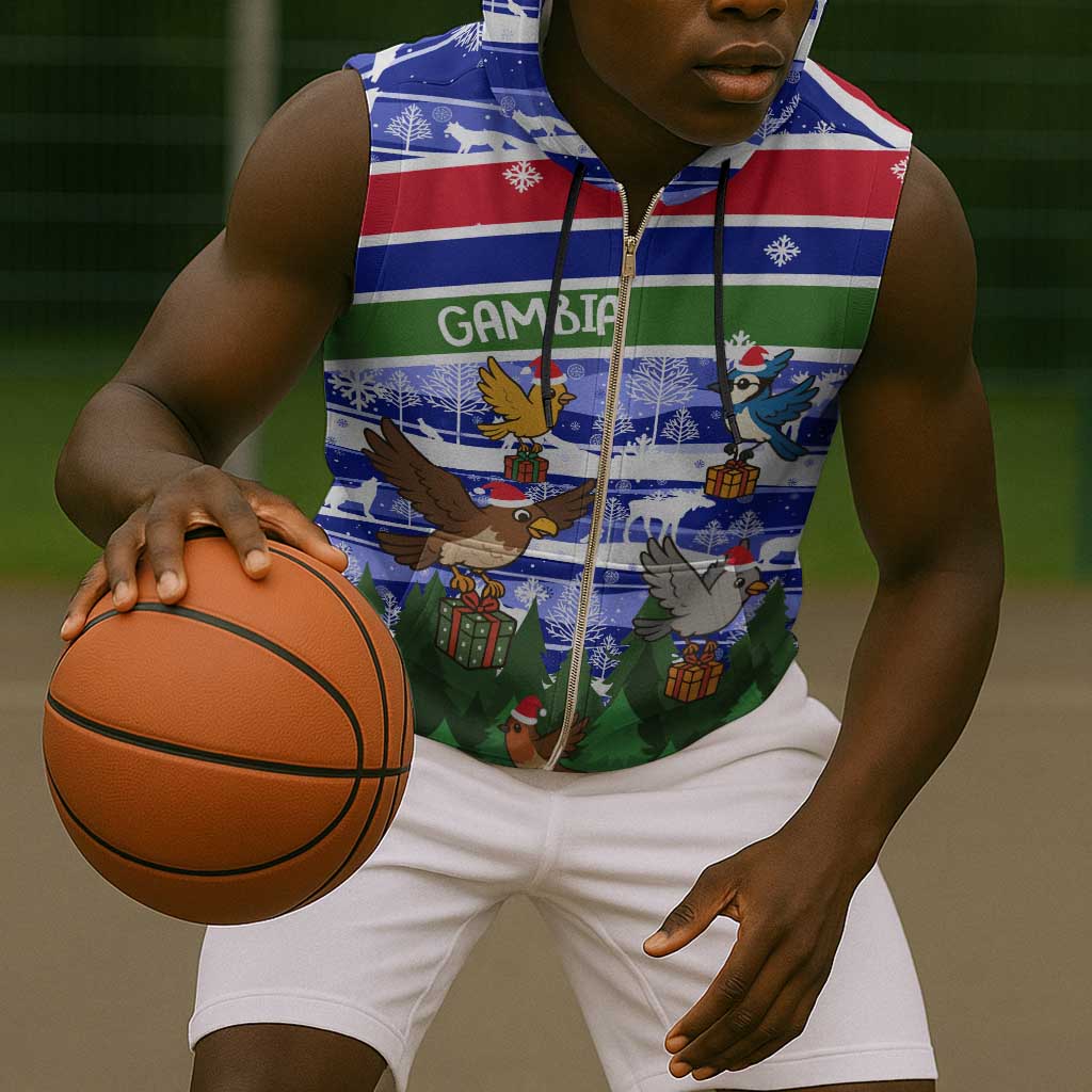 Gambia Christmas Sleeveless Zip Hoodie Santa Birds Gift Boxes Forest Scene and Snowflake - African Pride
