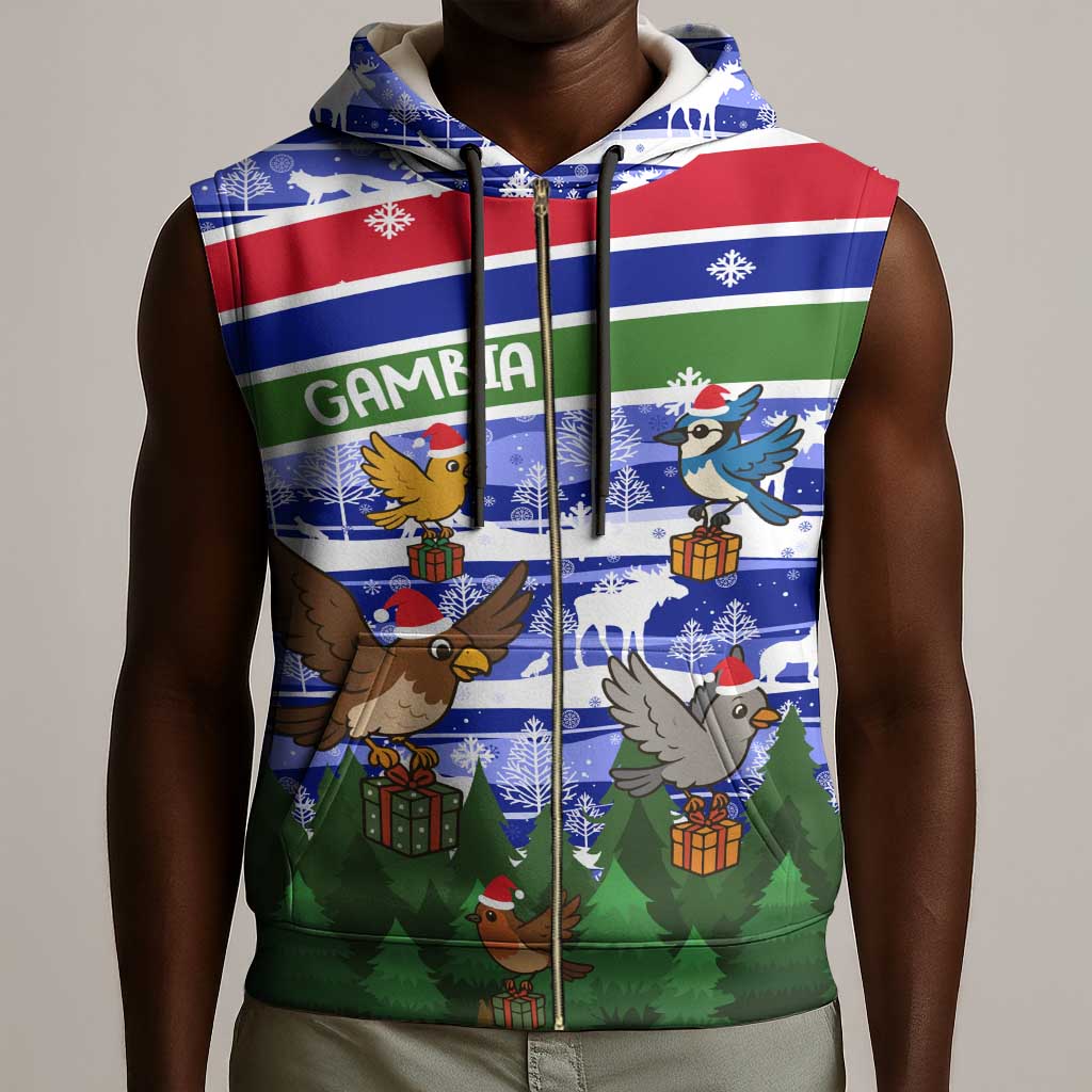 Gambia Christmas Sleeveless Zip Hoodie Santa Birds Gift Boxes Forest Scene and Snowflake - African Pride
