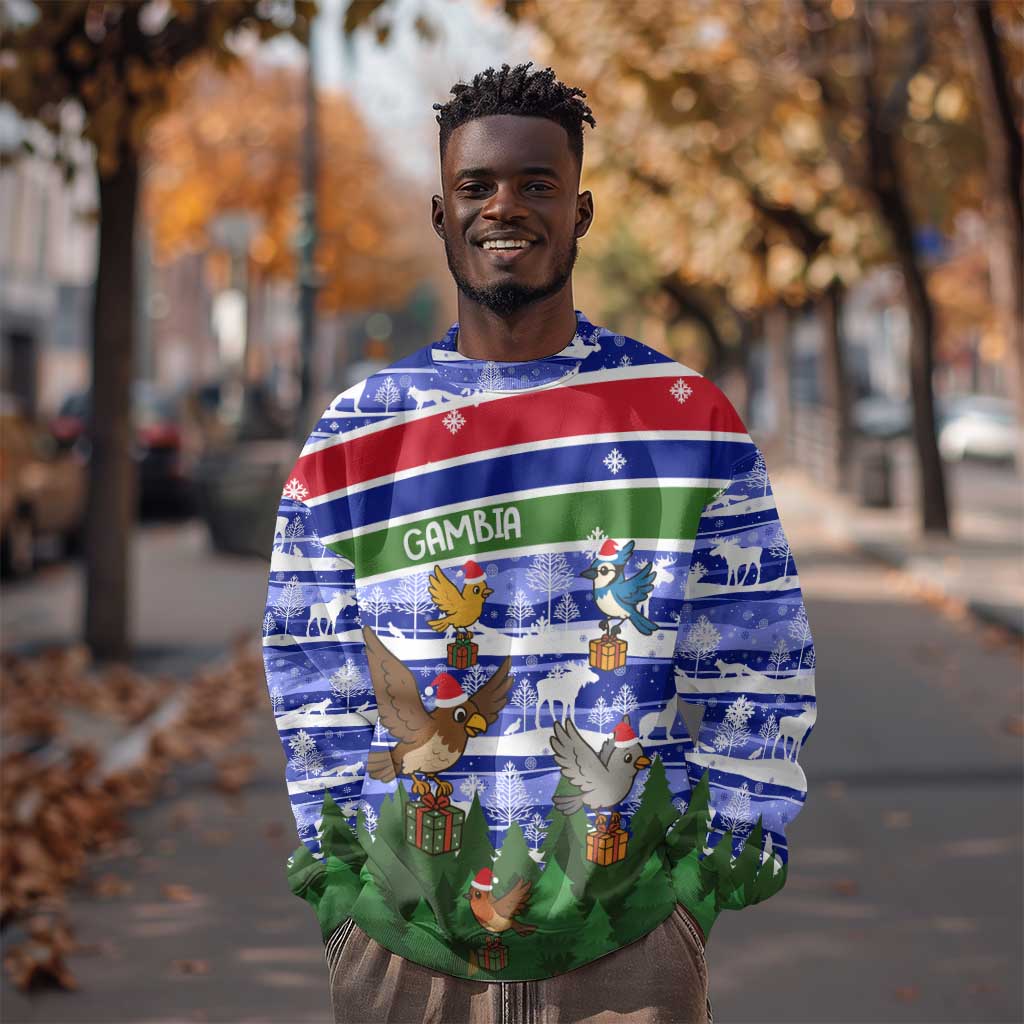 Gambia Christmas Sweatshirt Santa Birds Gift Boxes Forest Scene and Snowflake - African Pride
