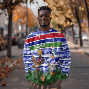 Gambia Christmas Sweatshirt Santa Birds Gift Boxes Forest Scene and Snowflake - African Pride
