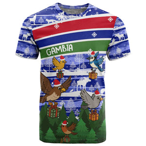 Gambia Christmas T shirt Santa Birds Gift Boxes Forest Scene and Snowflake - African Pride
