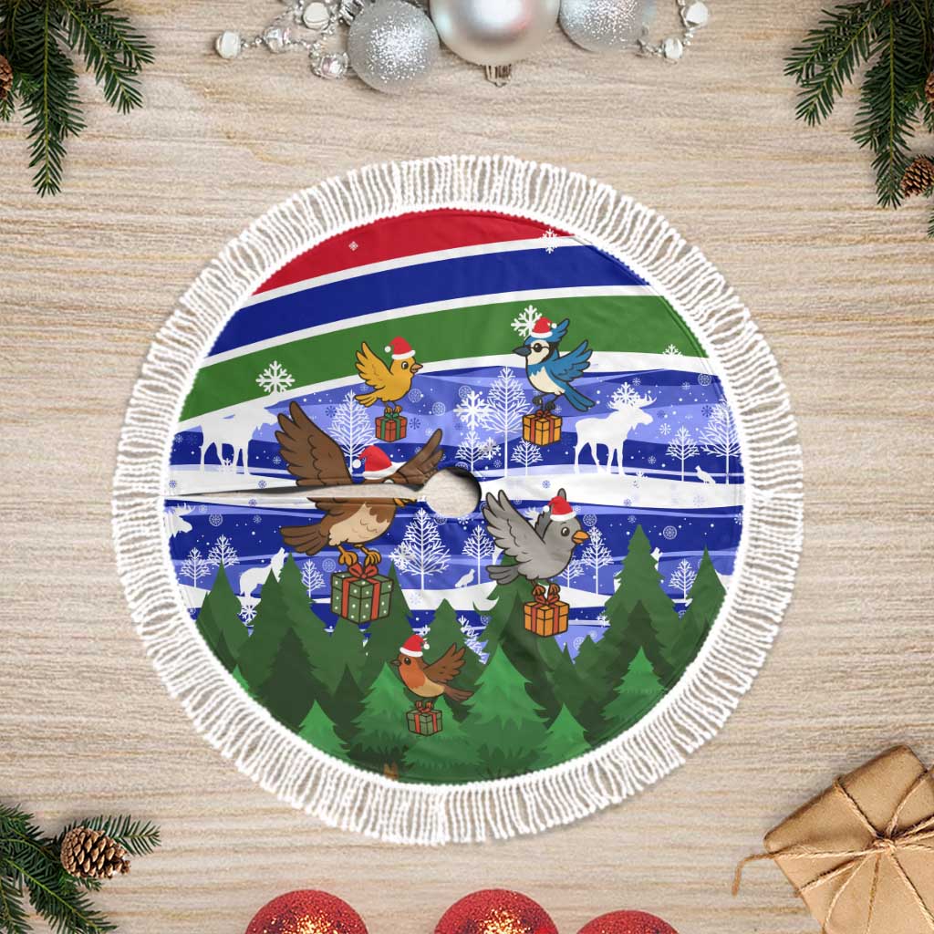 Gambia Christmas Tree Skirt Santa Birds Gift Boxes Forest Scene and Snowflake - African Pride