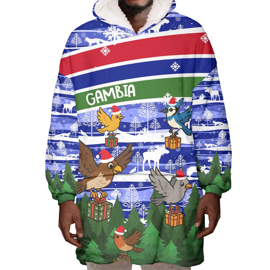 Gambia Christmas Wearable Blanket Hoodie Santa Birds Gift Boxes Forest Scene and Snowflake - African Pride