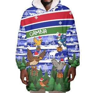 Gambia Christmas Wearable Blanket Hoodie Santa Birds Gift Boxes Forest Scene and Snowflake - African Pride
