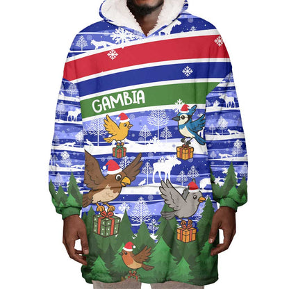 Gambia Christmas Wearable Blanket Hoodie Santa Birds Gift Boxes Forest Scene and Snowflake - African Pride