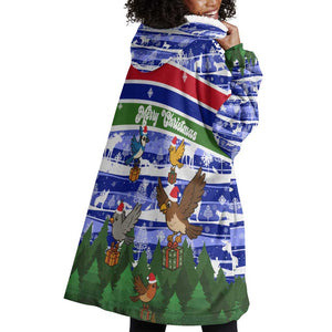 Gambia Christmas Wearable Blanket Hoodie Santa Birds Gift Boxes Forest Scene and Snowflake - African Pride