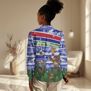 Gambia Christmas Women Casual Shirt Santa Birds Gift Boxes Forest Scene and Snowflake - African Pride