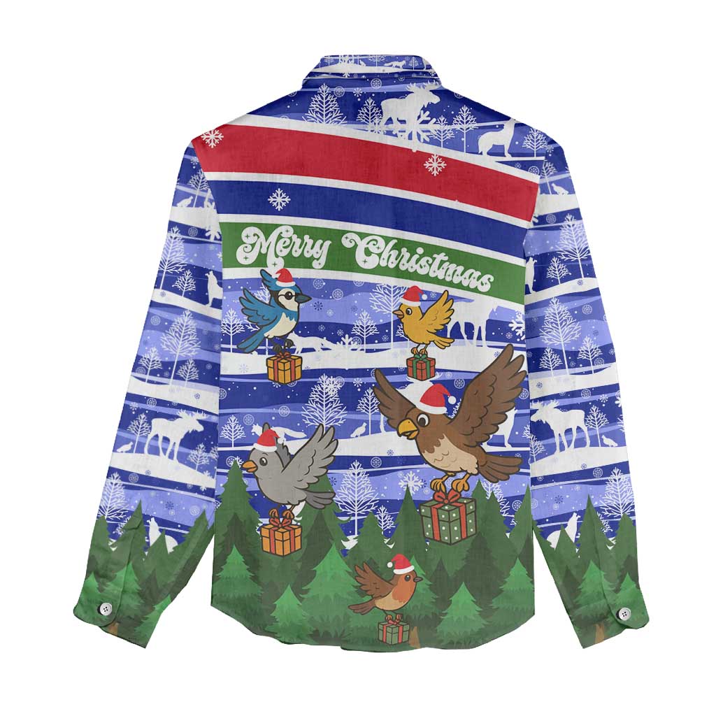 Gambia Christmas Women Casual Shirt Santa Birds Gift Boxes Forest Scene and Snowflake - African Pride