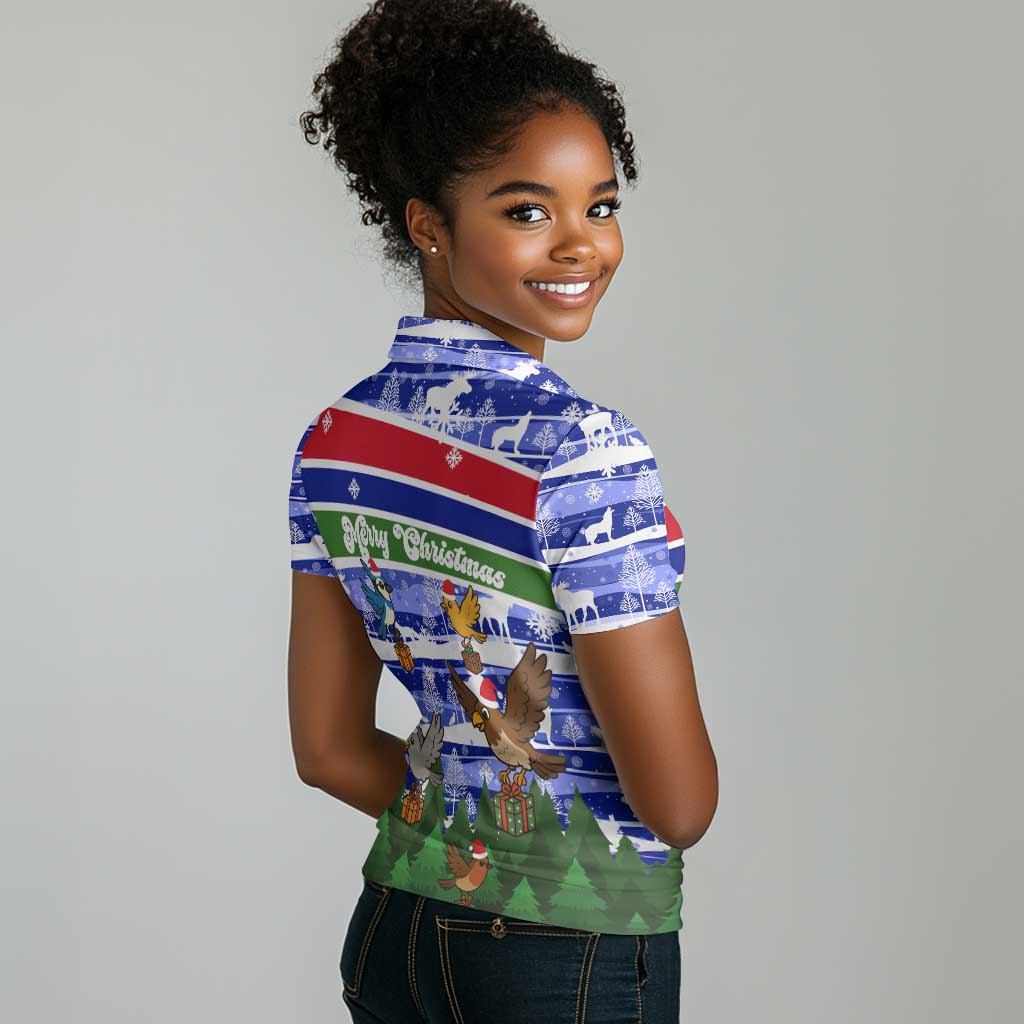 Gambia Christmas Women Polo Shirt Santa Birds Gift Boxes Forest Scene and Snowflake - African Pride