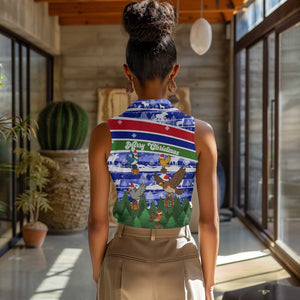 Gambia Christmas Women Sleeveless Polo Shirt Santa Birds Gift Boxes Forest Scene and Snowflake - African Pride