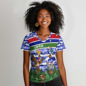 Gambia Christmas Women V-Neck T-Shirt Santa Birds Gift Boxes Forest Scene and Snowflake - African Pride