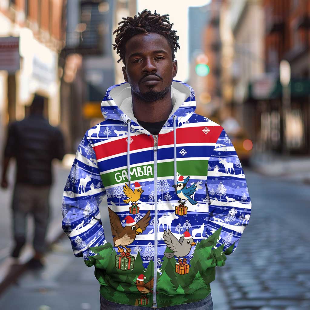 Gambia Christmas Zip Hoodie Santa Birds Gift Boxes Forest Scene and Snowflake - African Pride