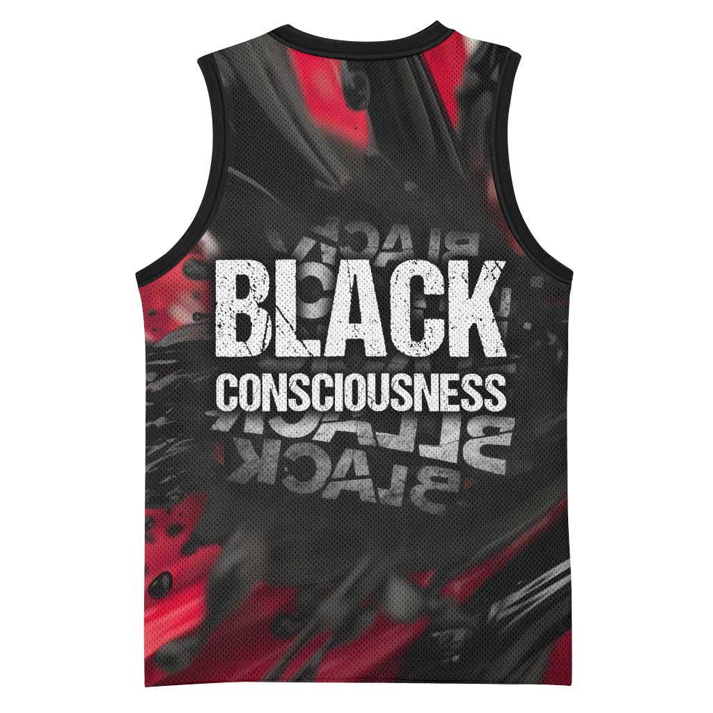 Steve Biko Basketball Jersey with Black Consciousness Portrait, Power Fist Symbol and Red-Black Freedom - African Pride