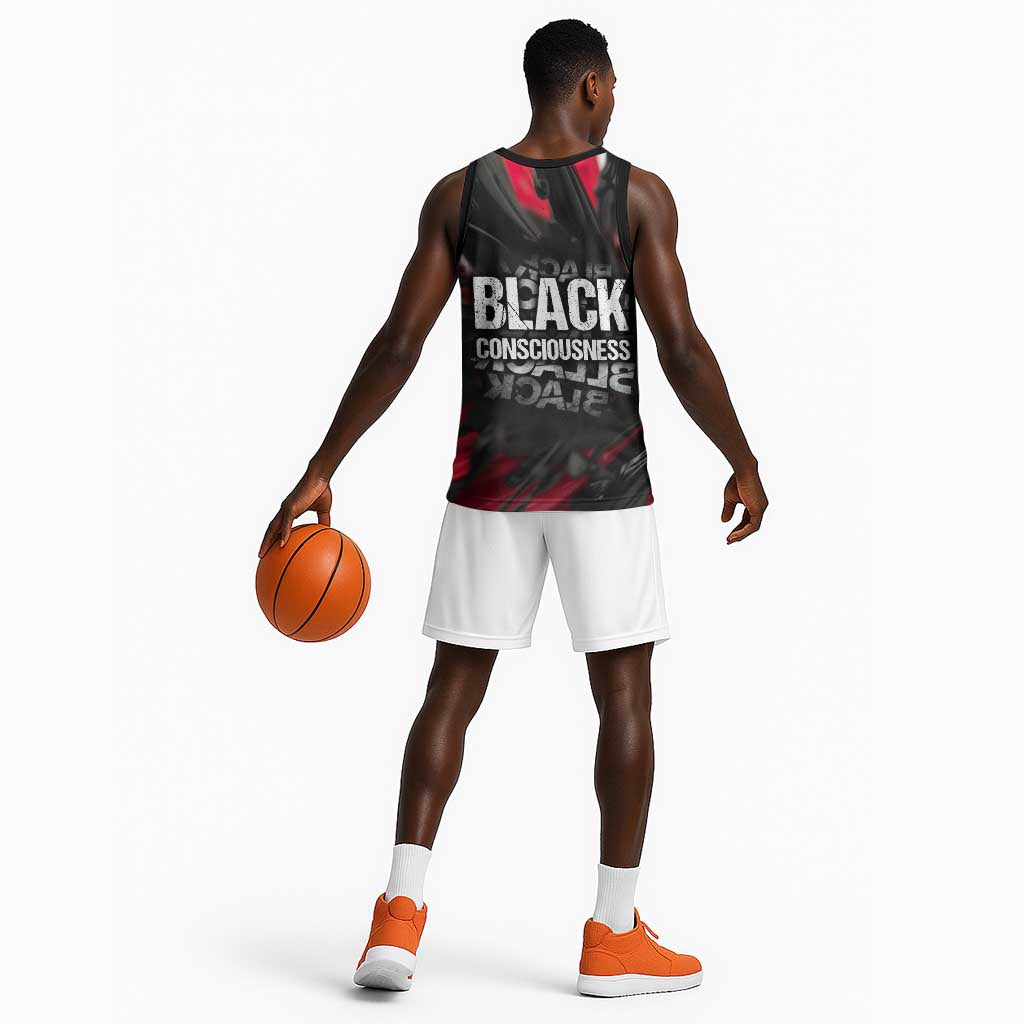 Steve Biko Basketball Jersey with Black Consciousness Portrait, Power Fist Symbol and Red-Black Freedom - African Pride
