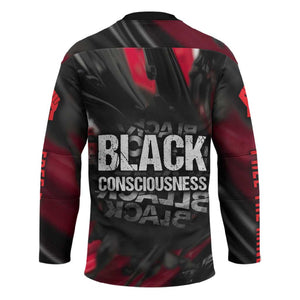 Steve Biko Hockey Jersey with Black Consciousness Portrait, Power Fist Symbol and Red-Black Freedom - African Pride