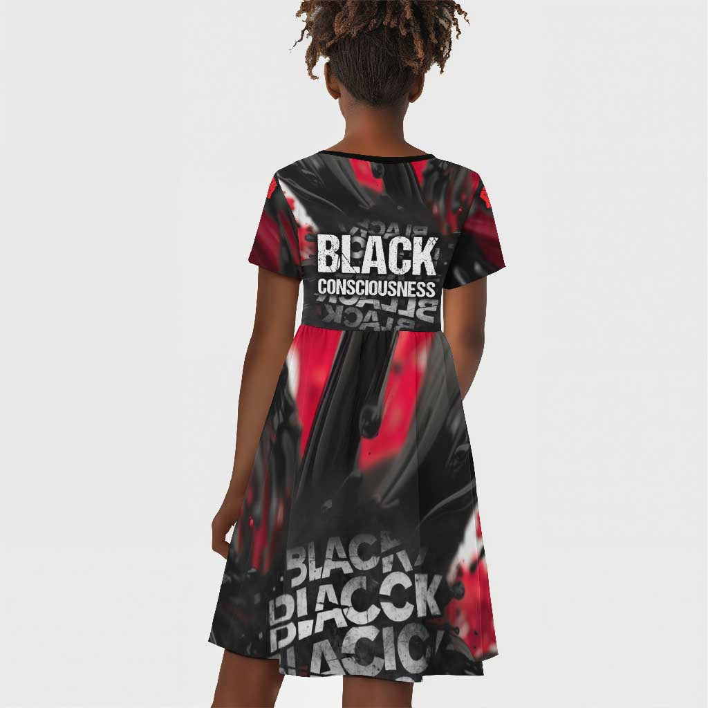 Steve Biko Kid Short Sleeve Dress with Black Consciousness Portrait, Power Fist Symbol and Red-Black Freedom - African Pride