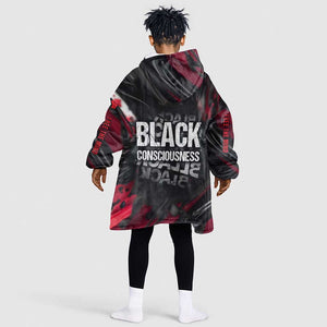 Steve Biko Kid Wearable Blanket Hoodie with Black Consciousness Portrait, Power Fist Symbol and Red-Black Freedom - African Pride