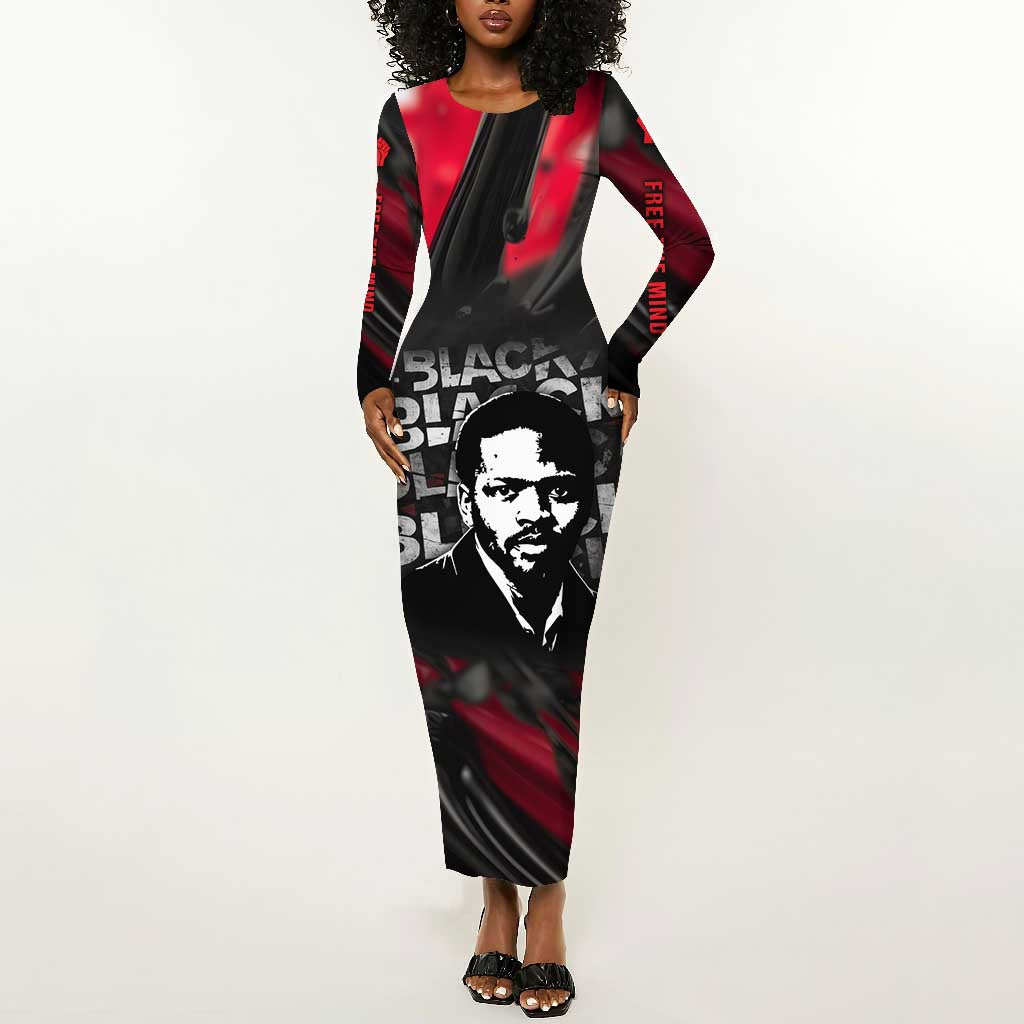 Steve Biko Long Sleeve Bodycon Dress with Black Consciousness Portrait, Power Fist Symbol and Red-Black Freedom - African Pride