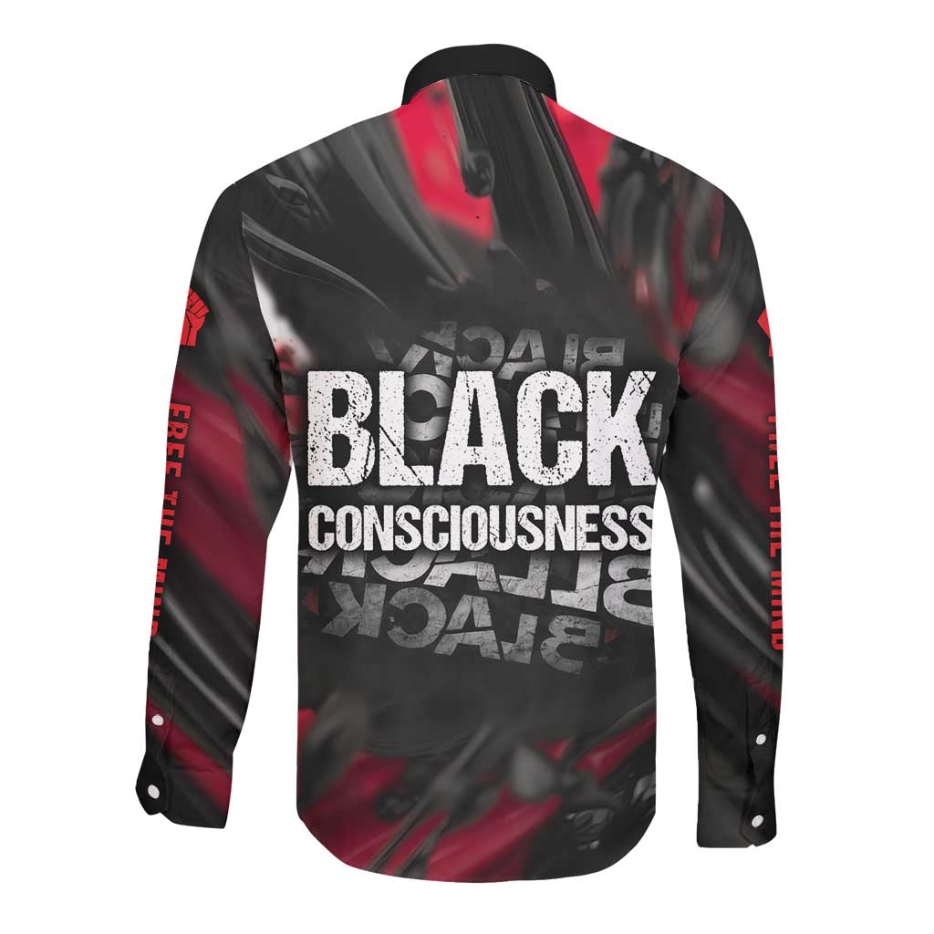 Steve Biko Long Sleeve Button Shirt with Black Consciousness Portrait, Power Fist Symbol and Red-Black Freedom - African Pride