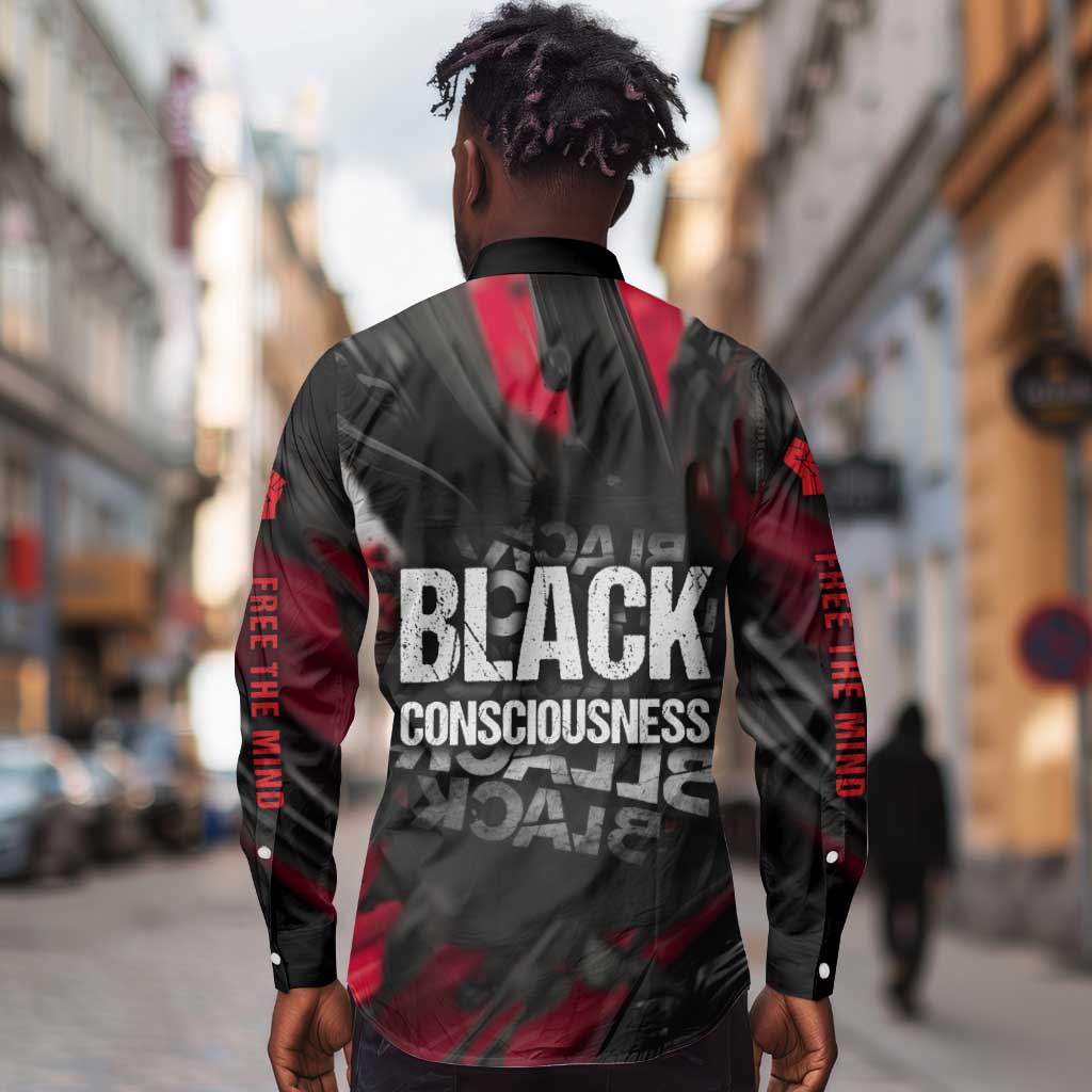 Steve Biko Long Sleeve Button Shirt with Black Consciousness Portrait, Power Fist Symbol and Red-Black Freedom - African Pride