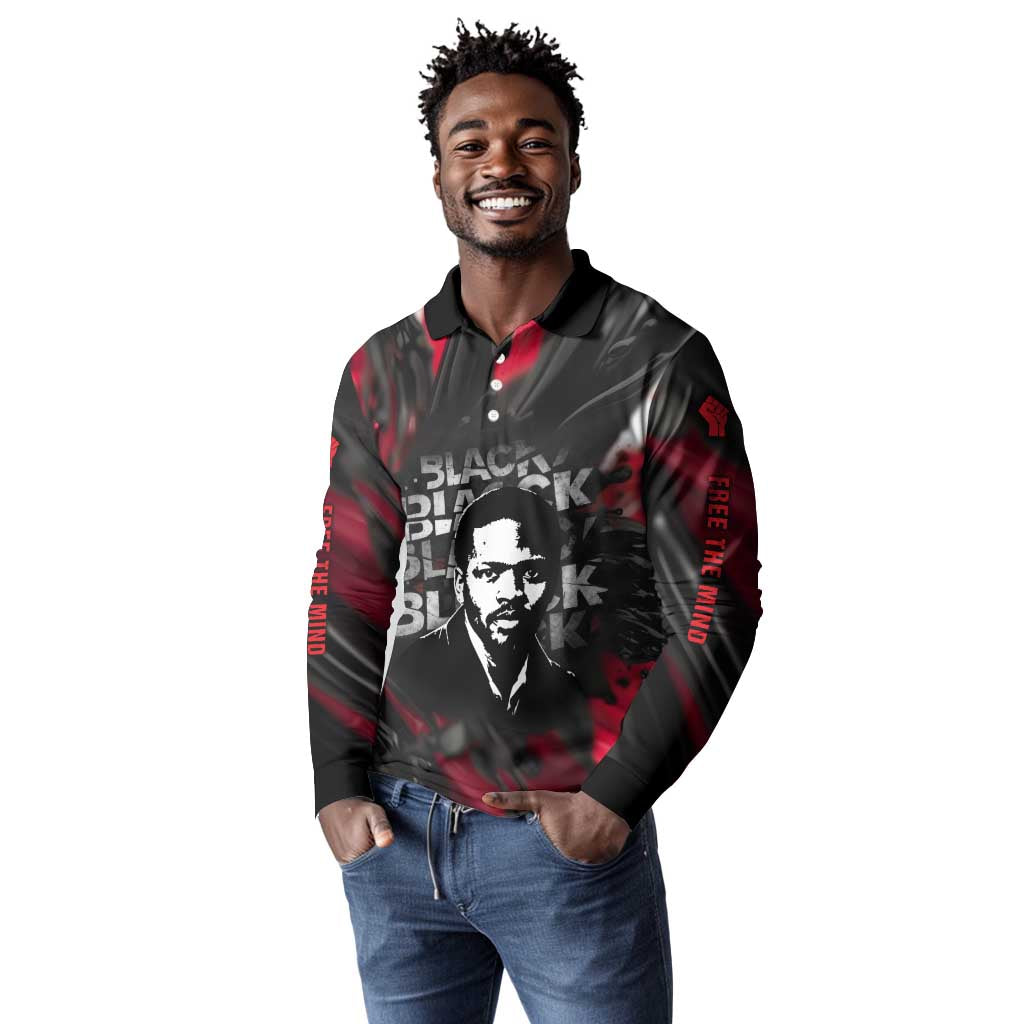 Steve Biko Long Sleeve Polo Shirt with Black Consciousness Portrait, Power Fist Symbol and Red-Black Freedom - African Pride
