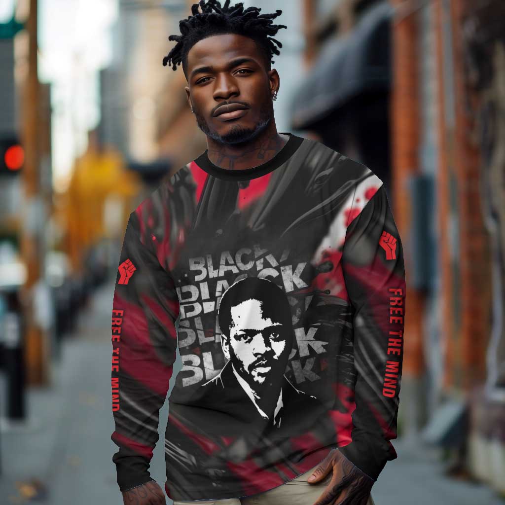 Steve Biko Long Sleeve Shirt with Black Consciousness Portrait, Power Fist Symbol and Red-Black Freedom - African Pride