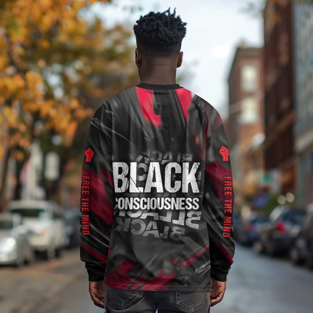 Steve Biko Long Sleeve Shirt with Black Consciousness Portrait, Power Fist Symbol and Red-Black Freedom - African Pride