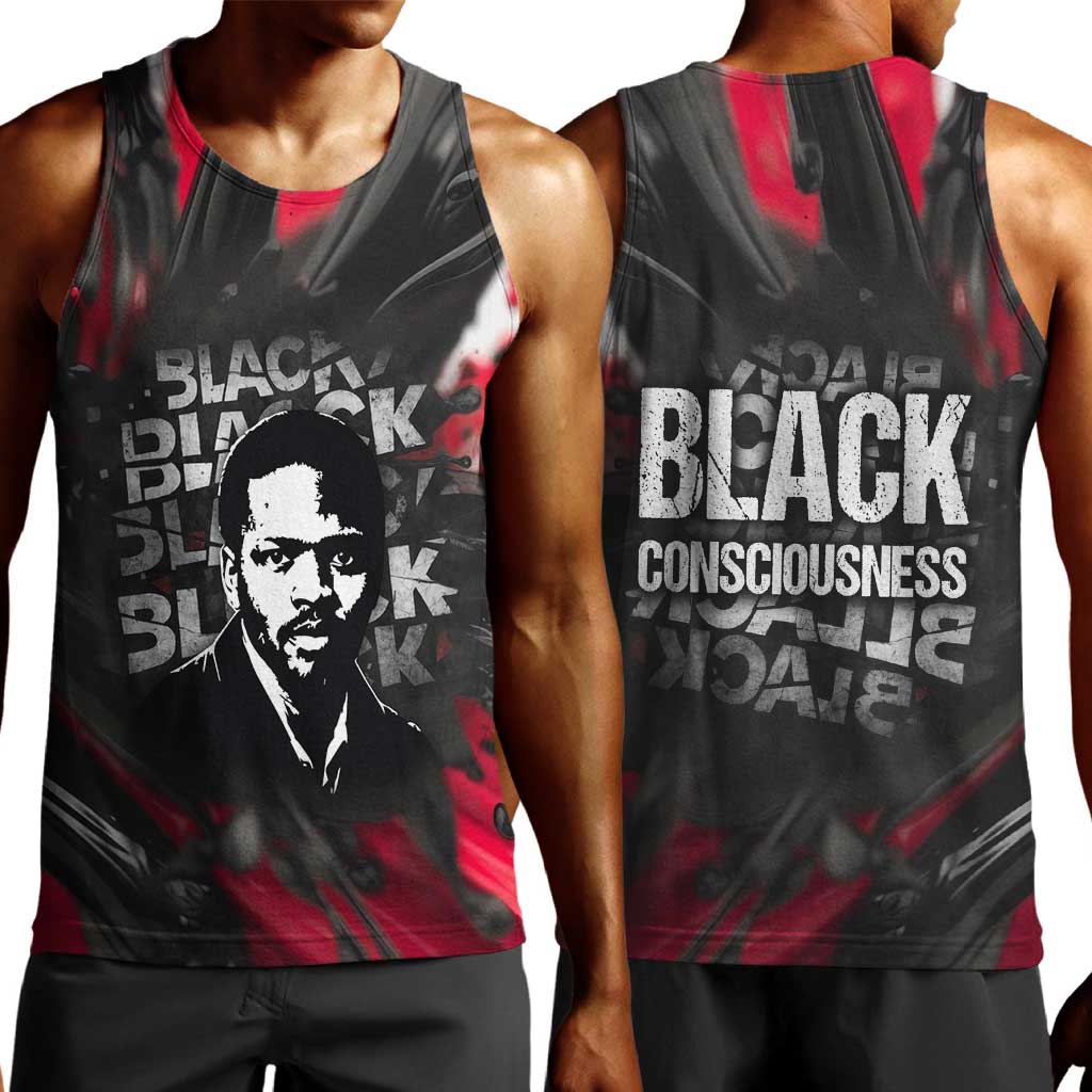 Steve Biko Men Tank Top with Black Consciousness Portrait, Power Fist Symbol and Red-Black Freedom - African Pride