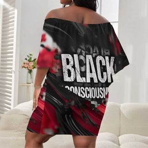Steve Biko Off Shoulder Short Dress with Black Consciousness Portrait, Power Fist Symbol and Red-Black Freedom - African Pride