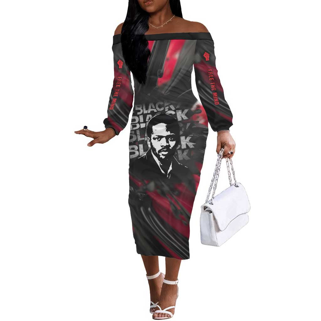 Steve Biko Off The Shoulder Long Sleeve Dress with Black Consciousness Portrait, Power Fist Symbol and Red-Black Freedom - African Pride
