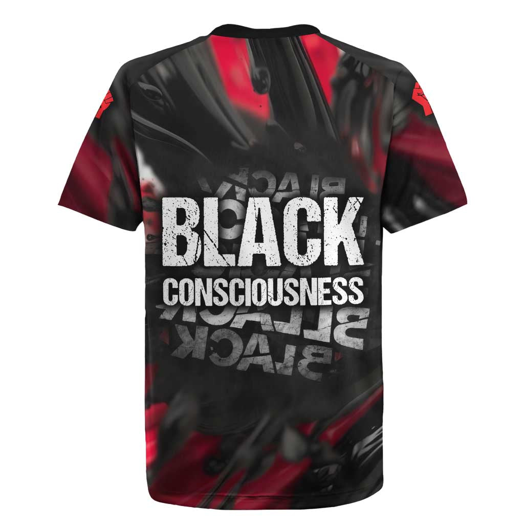 Steve Biko Rugby Jersey with Black Consciousness Portrait, Power Fist Symbol and Red-Black Freedom - African Pride