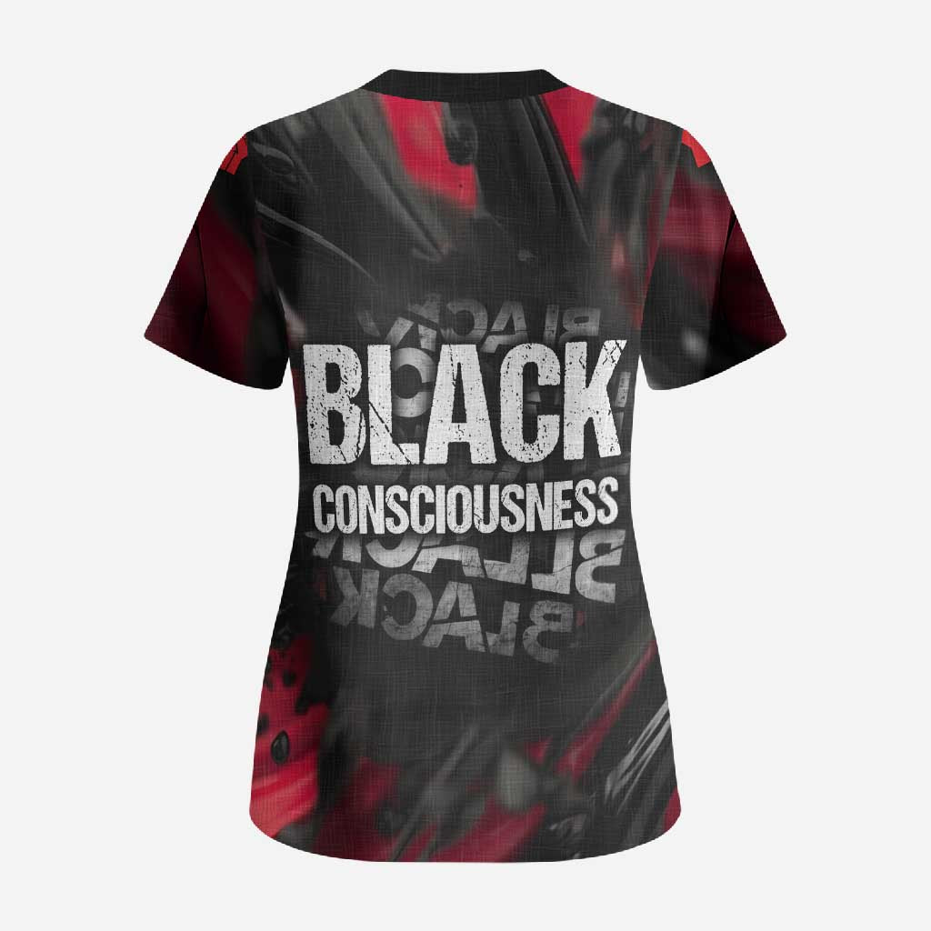 Steve Biko Scrub Top with Black Consciousness Portrait, Power Fist Symbol and Red-Black Freedom - African Pride